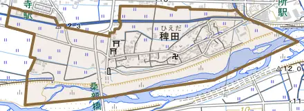大字稗田とその周辺の地図。町の範囲を重ねている