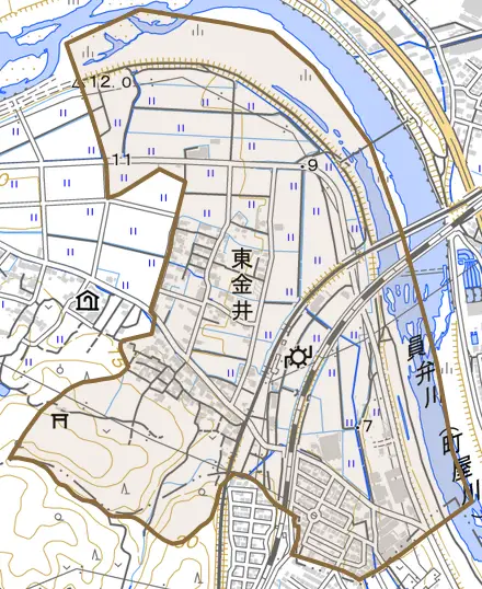 大字東金井とその周辺の地図。町の範囲を重ねている