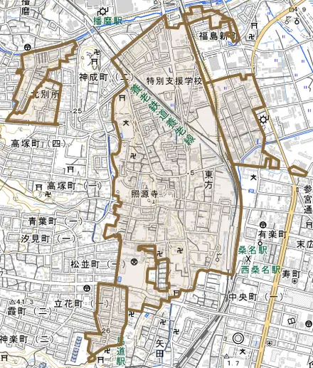 大字東方とその周辺の地図。町の範囲を重ねている