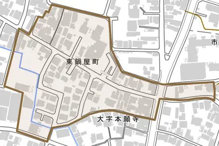 東鍋屋町とその周辺の地図。町の範囲を重ねている
