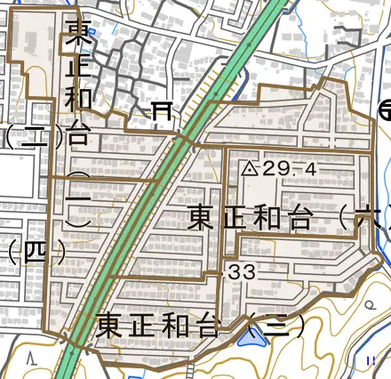 東正和台とその周辺の地図。町の範囲を重ねている