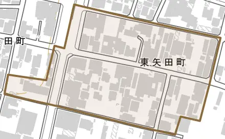 東矢田町とその周辺の地図。町の範囲を重ねている