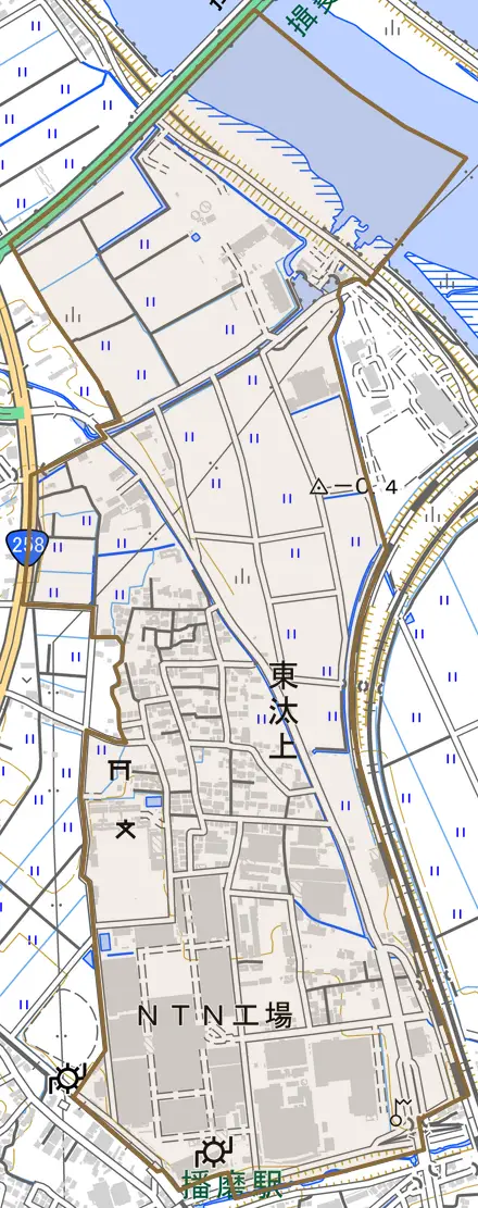 大字東汰上とその周辺の地図。町の範囲を重ねている