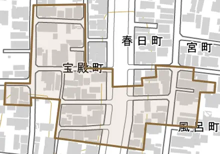 宝殿町とその周辺の地図。町の範囲を重ねている