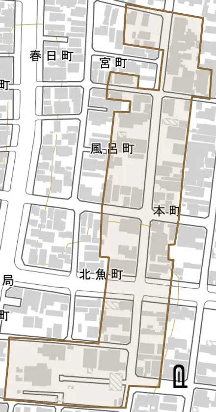 本町とその周辺の地図。町の範囲を重ねている