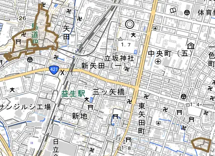 大字本願寺とその周辺の地図。町の範囲を重ねている