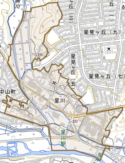 大字星川とその周辺の地図。町の範囲を重ねている