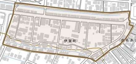 伊賀町とその周辺の地図。町の範囲を重ねている