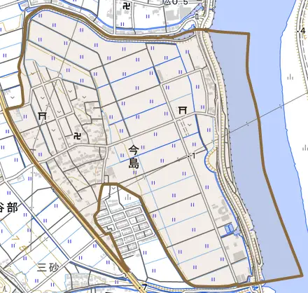 大字今島とその周辺の地図。町の範囲を重ねている