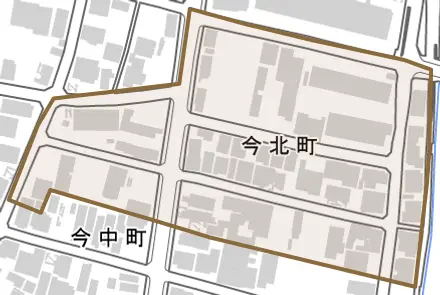 今北町とその周辺の地図。町の範囲を重ねている