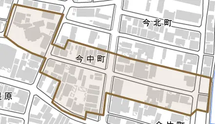今中町とその周辺の地図。町の範囲を重ねている