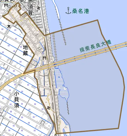 大字地蔵とその周辺の地図。町の範囲を重ねている