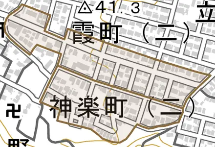 神楽町とその周辺の地図。町の範囲を重ねている