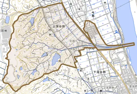 大字上深谷部とその周辺の地図。町の範囲を重ねている