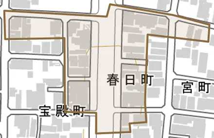 春日町とその周辺の地図。町の範囲を重ねている