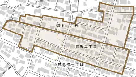 霞町とその周辺の地図。町の範囲を重ねている
