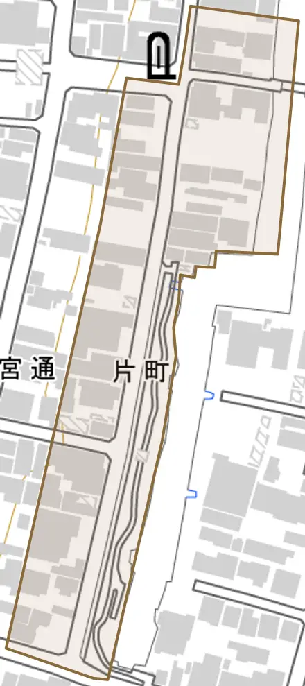 片町とその周辺の地図。町の範囲を重ねている