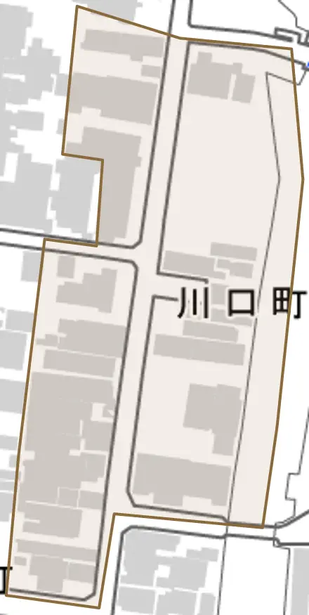 川口町とその周辺の地図。町の範囲を重ねている