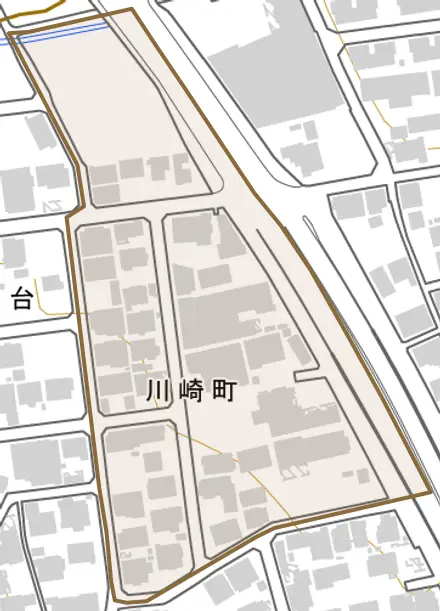 川崎町とその周辺の地図。町の範囲を重ねている