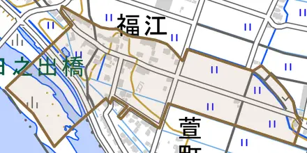 大字萱町とその周辺の地図。町の範囲を重ねている