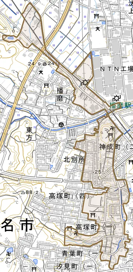 大字北別所とその周辺の地図。町の範囲を重ねている