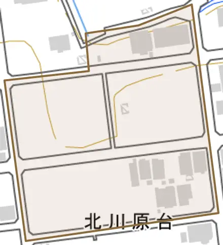 北川原台とその周辺の地図。町の範囲を重ねている