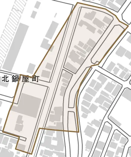 北鍋屋町とその周辺の地図。町の範囲を重ねている