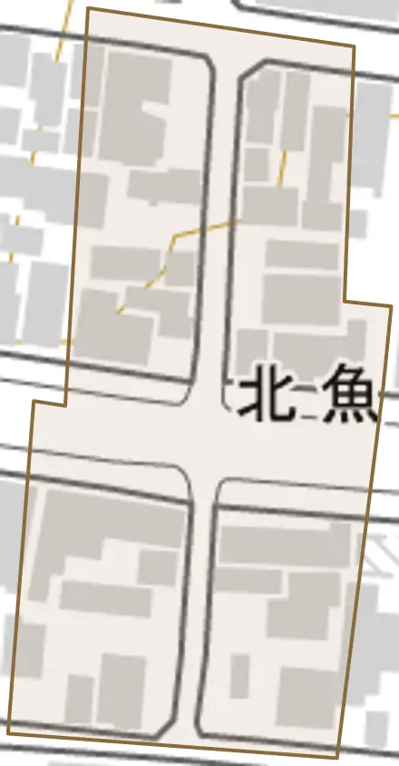 北魚町とその周辺の地図。町の範囲を重ねている