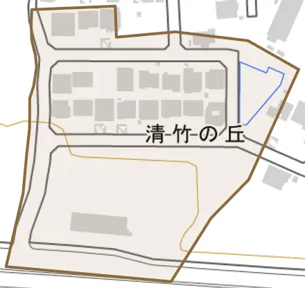 清竹の丘とその周辺の地図。町の範囲を重ねている