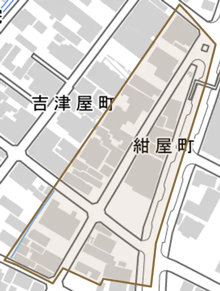 紺屋町とその周辺の地図。町の範囲を重ねている