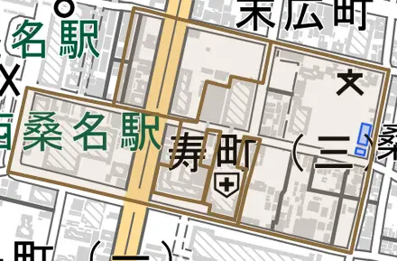 寿町とその周辺の地図。町の範囲を重ねている