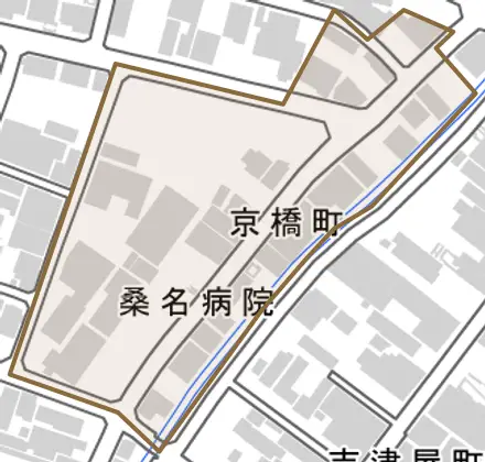 京橋町とその周辺の地図。町の範囲を重ねている