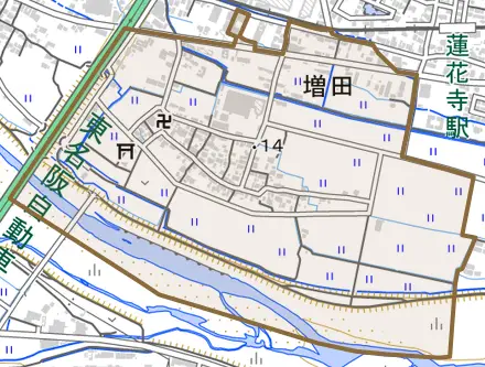 大字増田とその周辺の地図。町の範囲を重ねている