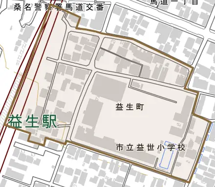 益生町とその周辺の地図。町の範囲を重ねている