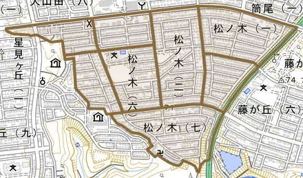 松ノ木とその周辺の地図。町の範囲を重ねている