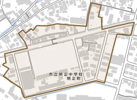 明正町とその周辺の地図。町の範囲を重ねている