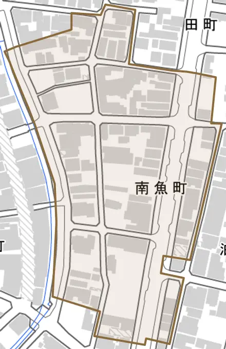 南魚町とその周辺の地図。町の範囲を重ねている