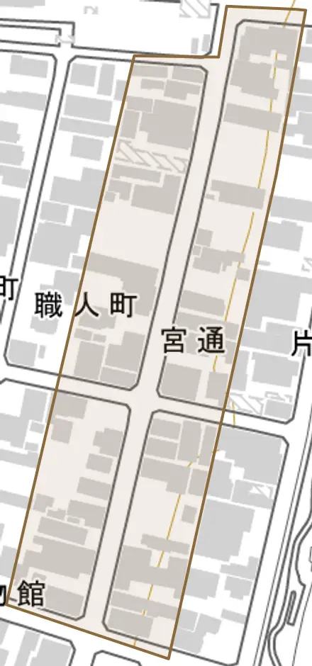 宮通とその周辺の地図。町の範囲を重ねている