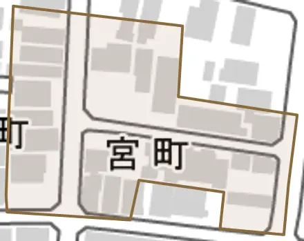 宮町とその周辺の地図。町の範囲を重ねている
