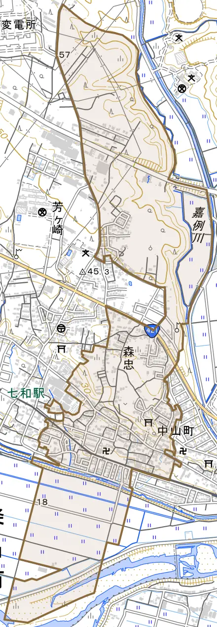 大字森忠とその周辺の地図。町の範囲を重ねている