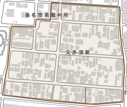 元赤須賀とその周辺の地図。町の範囲を重ねている