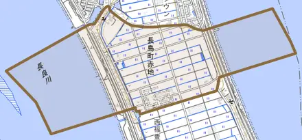 長島町赤地とその周辺の地図。町の範囲を重ねている