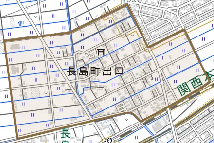 長島町出口とその周辺の地図。町の範囲を重ねている