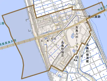 長島町福吉とその周辺の地図。町の範囲を重ねている