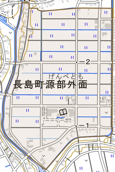 長島町源部外面とその周辺の地図。町の範囲を重ねている