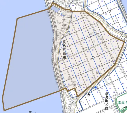 長島町白鶏とその周辺の地図。町の範囲を重ねている