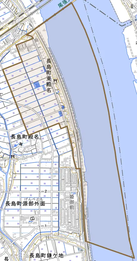 長島町東殿名とその周辺の地図。町の範囲を重ねている