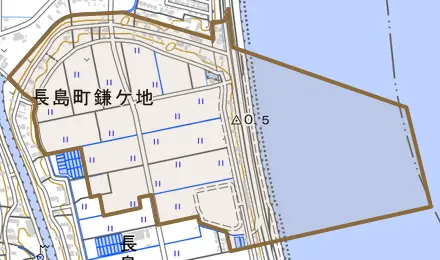長島町鎌ケ地とその周辺の地図。町の範囲を重ねている
