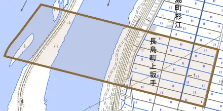 長島町上坂手とその周辺の地図。町の範囲を重ねている