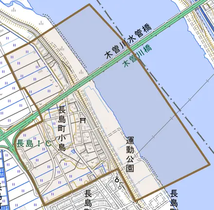 長島町小島とその周辺の地図。町の範囲を重ねている